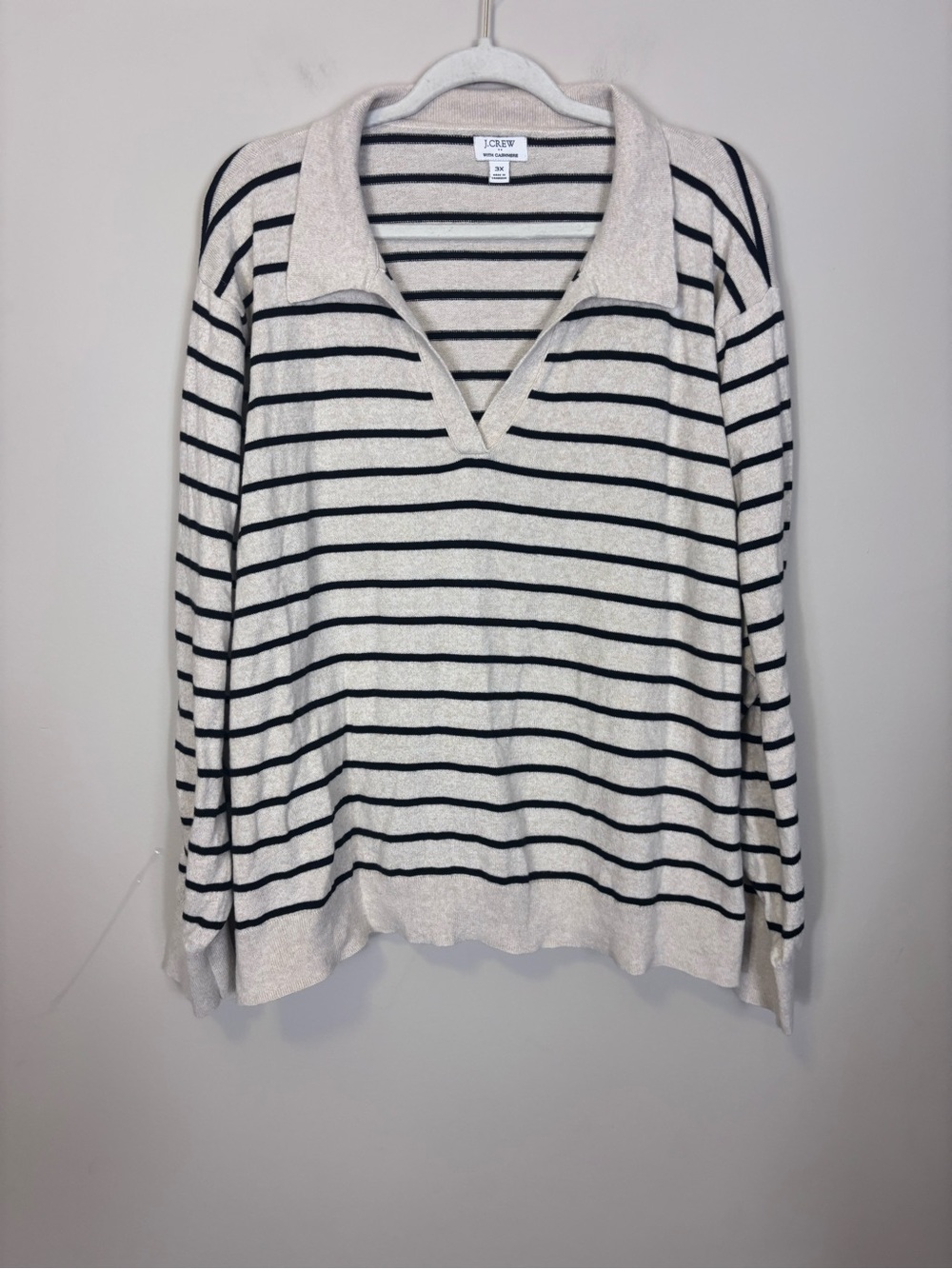 J. Crew Cashmere Cream & Black Striped V-Neck Collared Pullover Sweater 3X
